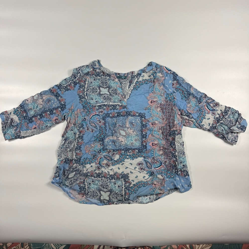 Fleur Bleue Blouse Top Women's 1X Colorful Patchwork Boho Peasant Long Sleeve